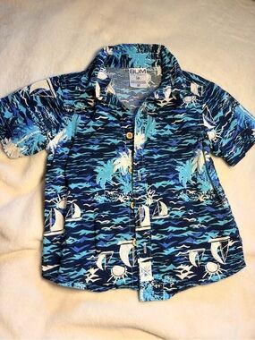 BUM Equipment Boys Blue Tropical Sailboat Button-Down Shirt 3T